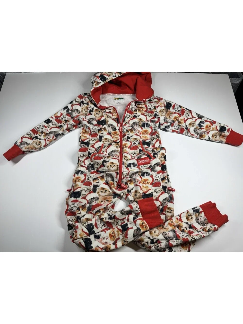 Tipsy Elves Meowy Catmus One Piece JR Lg Unisex Print Cats Hooded W/Pockets Xmas